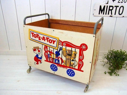 サーカス柄・キャスター付き・アンティーク・おもちゃ箱/TOY BOX USA
