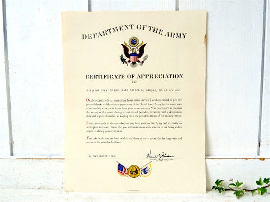 1964年 US ARMY ヴィンテージ 米軍実物 印刷物 陸軍省 ミリタリー 感謝状 放出品