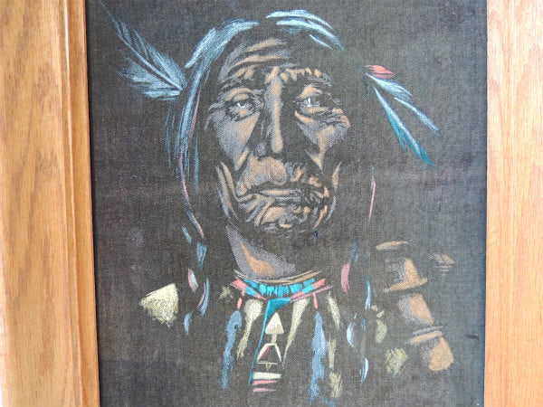 【INDIAN/1960y】木製フレーム入り・ベルベット・インディアン酋長・ヴィンテージ・アート/絵