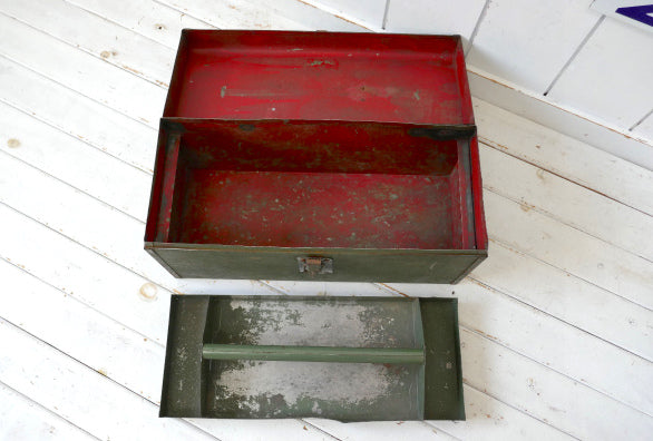 オリーブグリーン×レッド・メタル製・2段・ヴィンテージ・ツールボックス・ツールケース・工具箱・道具箱