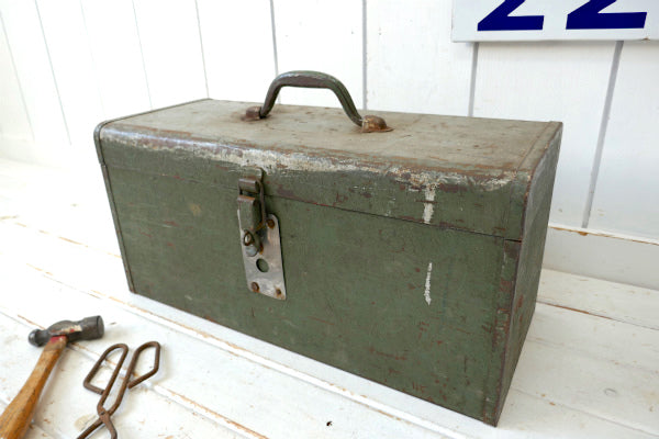 オリーブグリーン×レッド・メタル製・2段・ヴィンテージ・ツールボックス・ツールケース・工具箱・道具箱