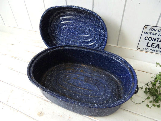 ホーロー 青×白 ヴィンテージ ロースター鍋 両手鍋 キャンプ道具 アウトドア USA