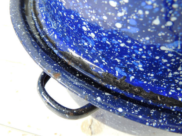 ホーロー 青×白 ヴィンテージ ロースター鍋 両手鍋 キャンプ道具 アウトドア USA