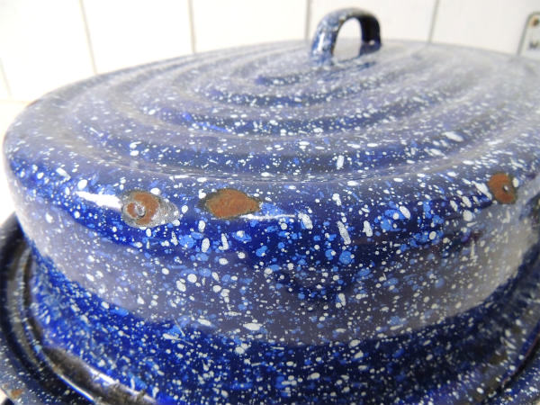 ホーロー 青×白 ヴィンテージ ロースター鍋 両手鍋 キャンプ道具 アウトドア USA