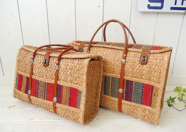 USA!ストライプ柄×ボーダー柄・ヴィンテージ・ストローバッグ/ビーチバッグ/かごバッグ(中)