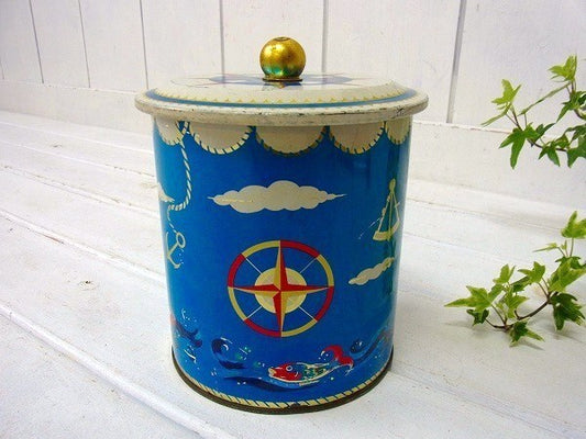 マリン柄・蓋付き・アンティーク・ティン缶/ブリキ缶 USA