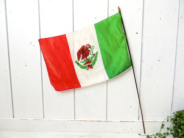 【鷲・メキシカンフラッグ】オールド・メキシコ国旗・ヴィンテージ・旗・サボテン・ポール付き