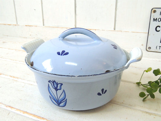 【DRU HOLLAND】オランダ製・ブルーカラー・花柄・キャストアイアン・ヴィンテージ・両手鍋・鍋