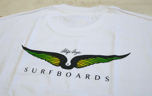 スキップフライ・サーフボード Frye Wings・ホワイト×グリーン・ポケットTシャツ(L)
