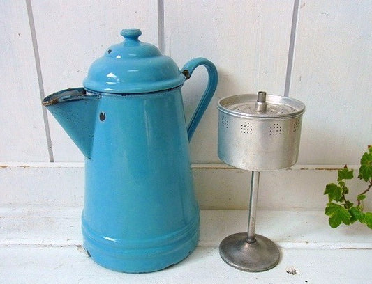 水色・ホーロー製・8カップ・アンティーク・パーコレータ・コーヒーポット・ケトル・アウトドア・キャンプ