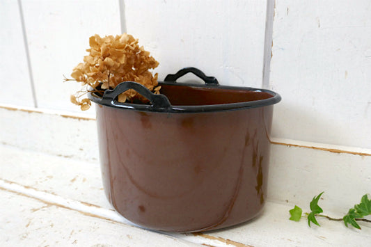 美品 ホーロー製 ブラウン ヴィンテージ クッキングポット ホーロー容器 キャンプ アウトドア