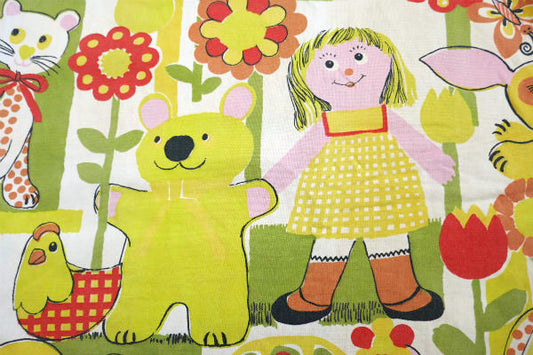 カラフルポップ 可愛い女の子&動物&フラワー柄 70's ヴィンテージ カーテン 生地 リメイク