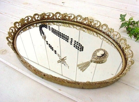 フラワーモチーフ・オーバル型・アンティーク・ミラートレイ/鏡 USA