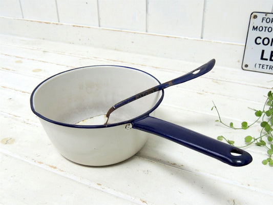【ホワイト×ネイビー】ホーロー製・アンティーク・片手鍋/ソースパン/エナメルウェア USA