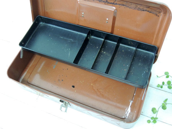メジャー付き・ブラウン色・2段式・ヴィンテージ・ツールボックス/ツールケース/工具箱