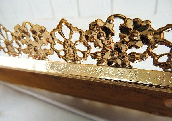 ゴールド色のフラワーモチーフ・長方形・ヴィンテージ・ミラートレイ/鏡 USA