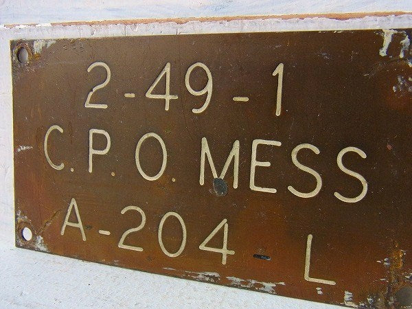 【C.P.O.MESS】アメリカ海軍・真鍮製・40’sアンティーク・船内プレート/標示プレート
