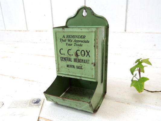 【C.C. COX・シャビー】グリーン・ティン製・アンティーク・アドバタイジング・マッチホルダー・缶