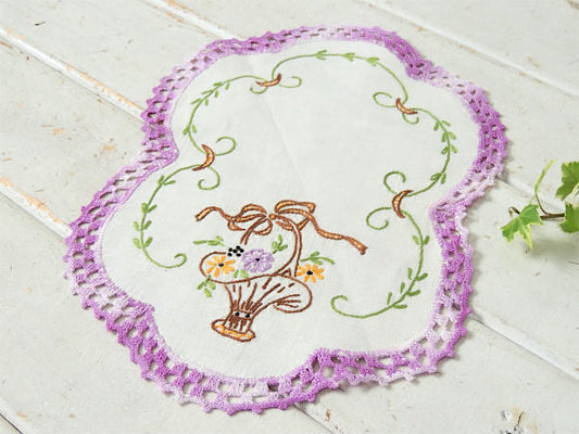 フラワーバスケット柄 刺繍 クロッシェレース デッドストック アンティーク ドイリー USA