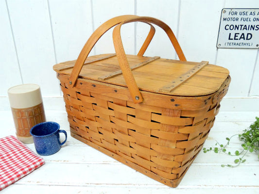 ナチュラル・木製・アンティーク・ピクニックバスケット/ウッドバスケット/カゴ USA