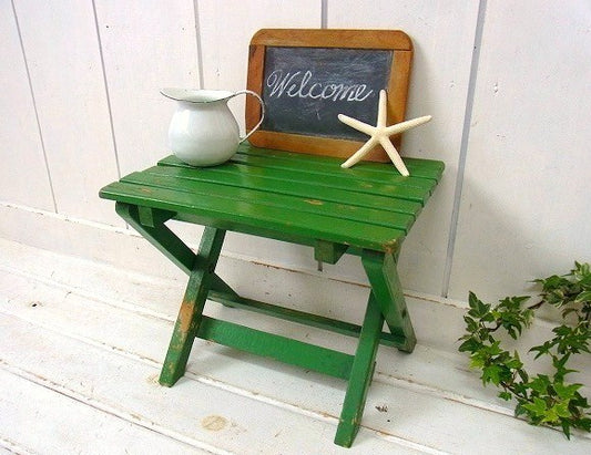 緑色の小さな木製・アンティーク・フォールディング・スツール/チェア/イス USA