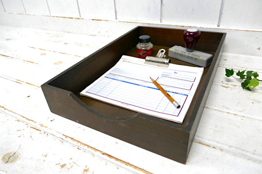ノスタルジックな木製・アンティーク・書類ラック デスクトレイ 書類トレイ USA ダークブラウン