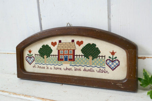 US ハート&家モチーフ 木製フレーム ビンテージ 刺繍フレーム サンプラー 壁飾り ハンドステッチ