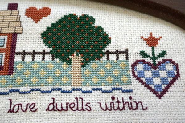 US ハート&家モチーフ 木製フレーム ビンテージ 刺繍フレーム サンプラー 壁飾り ハンドステッチ