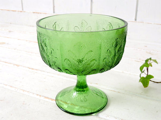 【FTD】オークリーフ柄・グリーン色・70'sヴィンテージ・脚付きコンポートグラス・花瓶・花器