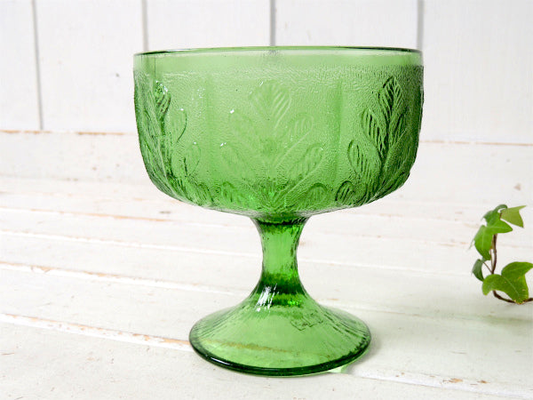 【FTD】オークリーフ柄・グリーン色・70'sヴィンテージ・脚付きコンポートグラス・花瓶・花器