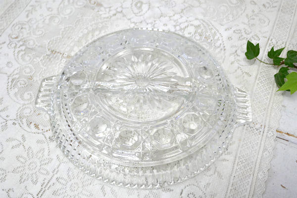 インディアナグラス 花柄 プレスガラス 仕切り付き ヴィンテージ トレイ サービングディッシュ 皿