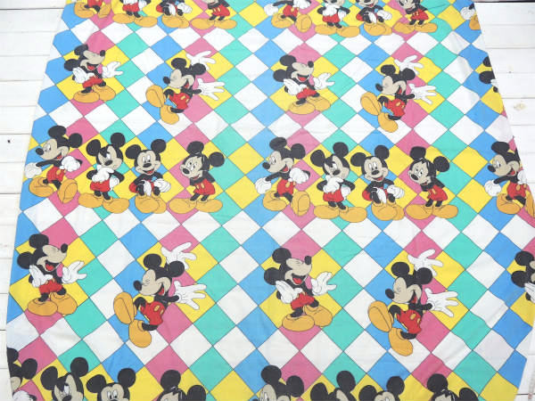 【ミッキーマウス】カラフルな格子柄・ヴィンテージ・ユーズドシーツ(ボックスタイプ)