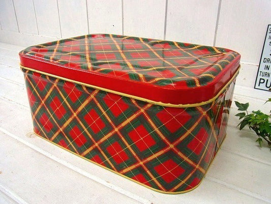 赤色のタータンチェック柄・ティン製・ヴィンテージ・ティン缶/ブレッド缶 USA