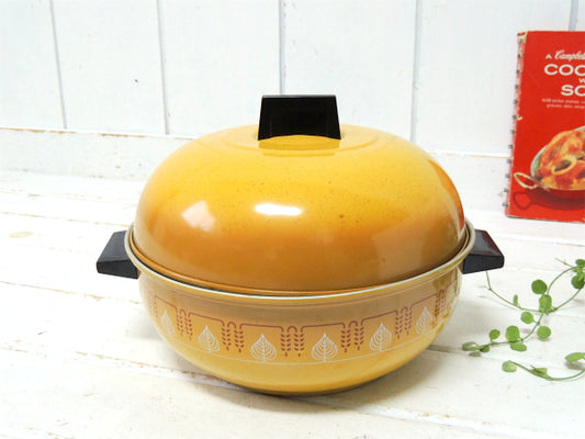 【WEST BEND】リーフ&小麦柄・マスタードイエロー色・60's〜ヴィンテージ・両手鍋・蒸し器