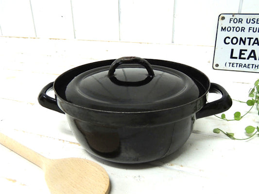 【黒色・ホーロー製】アンティーク・両手鍋・鍋/アウトドア/キッチン雑貨/キャンプ