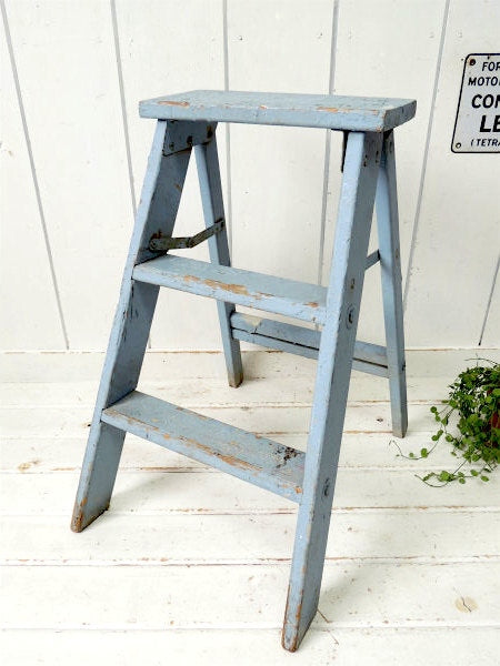 【水色グレー・シャビー】木製・アンティーク・OLD・ステップラダー/脚立・ガーデニング USA