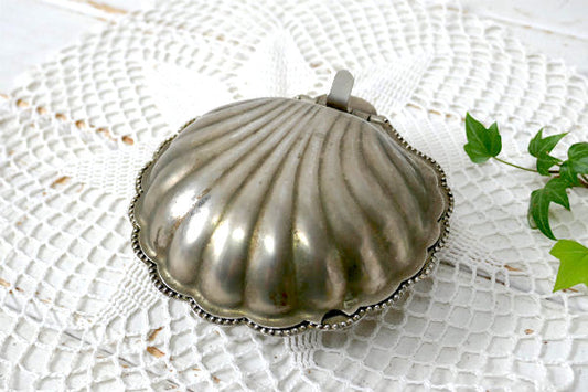 シルバープレート シェル型 ガラストレイ&脚付き アンティーク バターディッシュ 宝石箱 USA