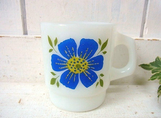 【FireKing】デイブレイカー・ブルー・花柄・マグカップ/スタッキングマグ