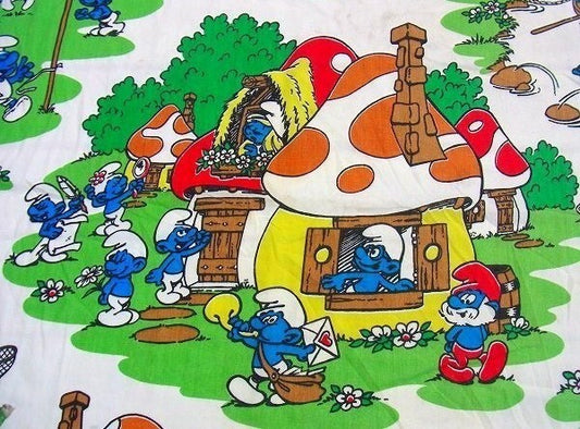 【スマーフ】SMURF・グリーンビレッジ柄・ヴィンテージ・ユーズドシーツ(ボックスタイプ)USA