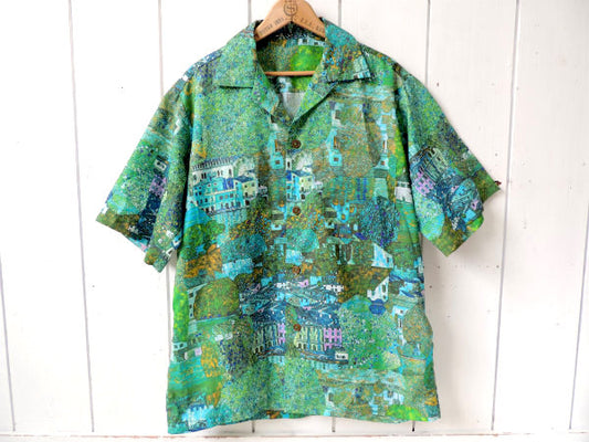 【デッドストック・50~60s】風景柄・古銭ボタン・ヴィンテージ・半袖シャツ・USA・テーラーメイド
