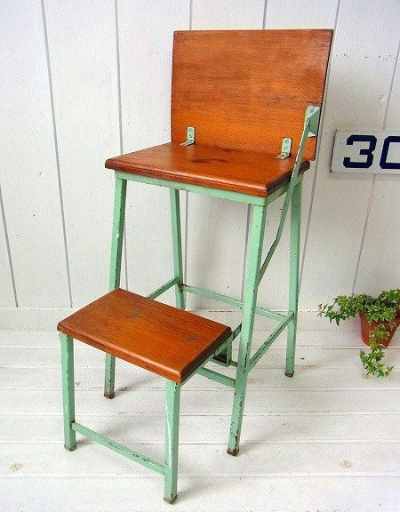 木製×アイアン製・若草色・アンティーク・ステップチェア/ステップツール/椅子 USA