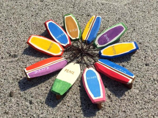 【I LOVE SURFING】松田大児作・木製・ミニサーフボード・オブジェ/ブルー×イエロー⑥