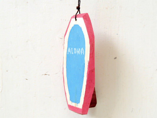 【I LOVE SURFING】松田大児作・木製・ミニサーフボード・オブジェ/ピンク×水色⑧