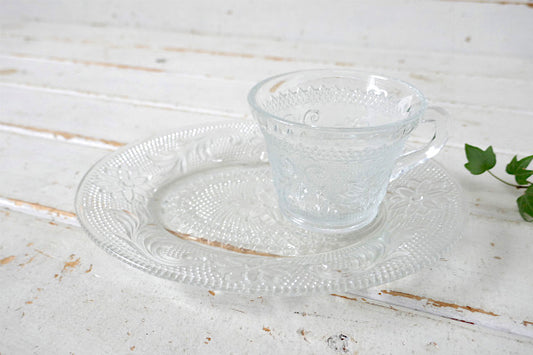 インディアナグラス 花柄 ティアラ サンドイッチ プレート&カップ ヴィンテージ スナックセット