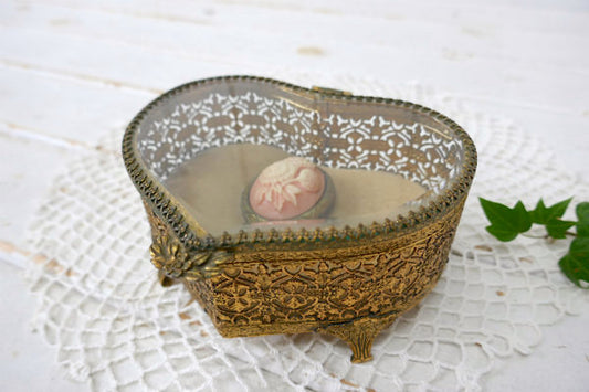 ハート型 ベベルガラス ゴールドトーン アンティーク ジュエリーボックス・ジュエリーケース 宝石箱