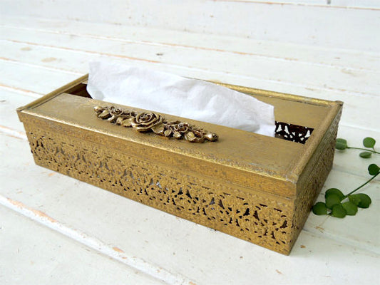 薔薇モチーフ・ゴールドトーン・透かしデザイン・ヴィンテージ・ティッシュケース・ティッシュボックス