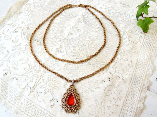 【AVON】オレンジ色・ティアドロップ形・デッドストック・ヴィンテージ・ネックレス/ペンダント