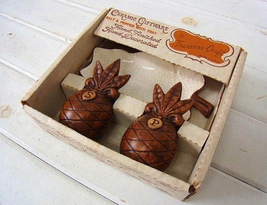 【トレジャークラフト】パイナップル型・ヴィンテージ・ソルト&ペッパー&トレイ・3点セット/ハワイ