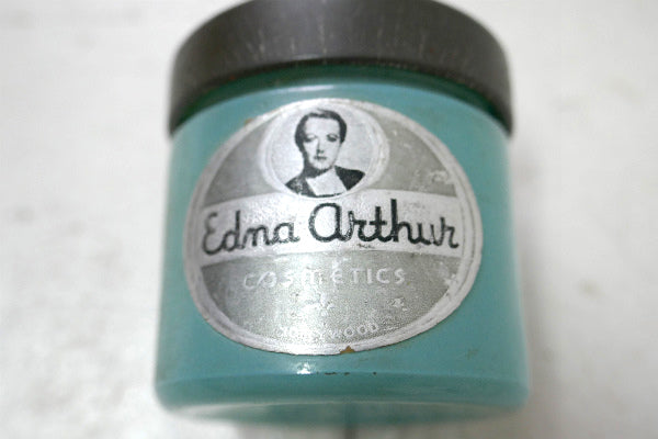 Edna arthur ハリウッド 水色 アンティーク ガラス容器 クリームジャー USA 化粧品