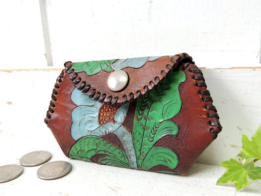 【フラワー&花型】型押し・レザー製・ヴィンテージ・サイフ・ウォレット・コインケース・革・USA